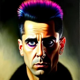 Ultra detailed fullbody Portrait in oil on canvas of Travis Bickle punk hair,extremely detailed digital painting, extremely detailed face,crystal clear Big Glowing eyes, mystical colors ,perfectly centered image, perfect composition, rim light, beautiful lighting, 8k, stunning scene, raytracing, anatomically correct, in the style of robert e howard and Ken Kelley and Ohrai Noriyoshi and Simon Bisley and tomzj1