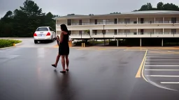 crying woman drives away from hotel building in parking lot