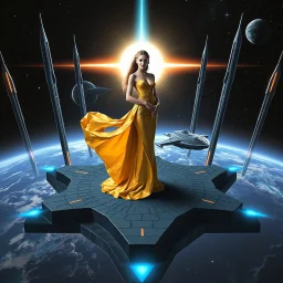 A breathtaking cosmic fantasy scene featuring a stunningly realistic beautiful woman with a perfect face and sculpted figure standing gracefully at the center of a floating geometric platform in deep space. She wears an elegant flowing gown in vibrant gold and blue hues that billow around her perfect form. The platform is constructed from dark cobblestone-like blocks arranged in a star shape next to a Spaceship. Surrounding her are magnificent CIFI towers like structures,satelights