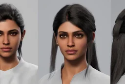 Indian Female character 19 years Proportions of the character the head-to-body ratio . Create a distinctive that helps the character stand out and be easily recognizable Design the character's face, including the shape of the head, eyes, eyebrows, nose, mouth, and ears. Consider the character's personality, age, and any unique that set them apart depth and visual interest. Front, Side, and Back Views: Provide multiple views of the character, including front, side, and back mode sheet