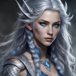 dungeons and dragons female dragonic sorcerer, silver in a long braid hair, blue-gray eyes with patches of silver dragon scales on her face