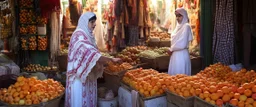 A full-length Palestinian girl wearing an embroidered dress and a white embroidered shawl buys oranges from an old seller wearing a keffiyeh in the market of Jerusalem, 100 years ago, at night with multi-colored lights reflecting on her.