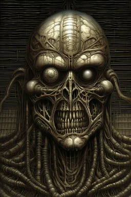 The man with iron silencer on his mouth . Scary face , decayed and rotting with grotesque proportions and imagery. abstract grotesqueries, detailed texture, surreal horror, biomechanical design, by hr giger and beksinski
