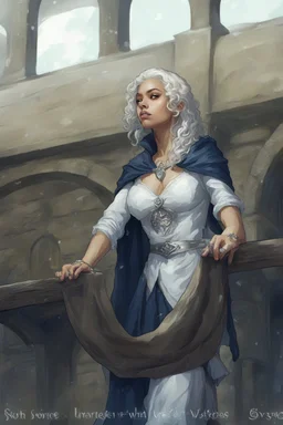 young mulatto sorceress, with wavy snow-white hair, sadly looking at the horizon