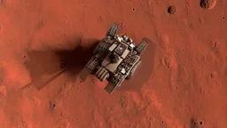 A Tesla's 'Model S Plaid' is racing at top speed, across the 'Cydonia' region, on planet Mars. CINEMATIC. WIDE ANGLE LENS.