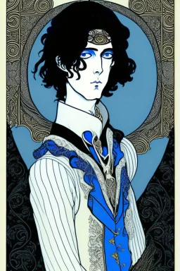 young black haired blue eyed wizard in the style of aubrey beardsley