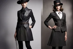 Индустриальная элегантность: облегающее платье или костюм из кожзаменителя или твида с металлическими вставками, ремнями с пряжками, небольшая шляпа или шляпа-котелок с сеткой или украшениями из шестеренок.