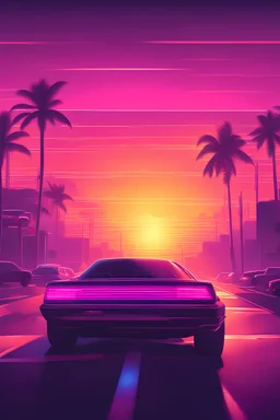 synthwave sunset, cars on road from behind