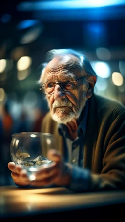 portrait of confused old man holding a glass bowl in glass nursery having grown beaks and claws, bokeh like f/0.8, tilt-shift lens 8k, high detail, smooth render, down-light, unreal engine, prize winning