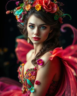 Gorgeous Realistic Photography Camera Lens soft blur Pretty European Supermodel as Beautiful Fairytale, a stunning beautiful woman adorned in vibrant carnival attire, ethereal beauty, black background, with swirling colors and fantastical tiny flowers, enchantment and grace, twisted vines, whimsical, surreal landscapes, emotive style, dreamlike quality, and magical realism, carnival red, ethereal pink, whimsical blue, vibrant green, celestial purple, golden amber, and shimmering silver