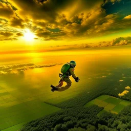 Create a picturesque scene from the POV of the parachute jumper soaring through the sky. Below, translucent clouds float gently, and vibrant, colors skies blend with shades of orange and gold at sunset. In the distance, a stunning landscape unfolds, featuring river and patches of green and gold, bathed in the warm light of the setting sun.