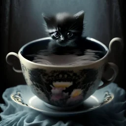 Luxury of fears, kitten in a teacup, macabre, sinister, eschatology, surreal, profound, dramatic, minimalism, digital photograph, fantastical, creepy