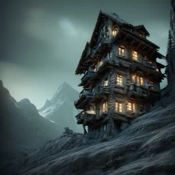 Scary mountain hut, sense of fear, Alps, night sky, 8k, HD, cinematography, photorealistic, Cinematic, Color Grading, Ultra-Wide Angle, Depth of Field, hyper-detailed, beautifully color-coded, insane details, intricate details, beautifully color graded, Cinematic, Color Grading, Editorial Photography, Depth of Field, DOF, Tilt Blur, White Balance, 32k, Super-Resolution, Megapixel, ProPhoto RGB, VR, Halfrear Lighting, Backlight, Natural Lighting, Incandes