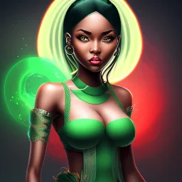 fantasy setting, woman, dark-skinned, green hair, black hair