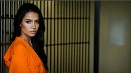 Beautiful 25 year old female prisoner wearing an orange jumpsuit