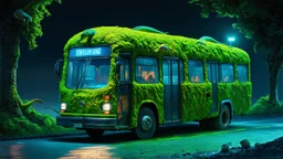 Surreal concept art, a bus covered in vibrant green algae with reptiles crawling on it, contrast between nature and man-made object, detailed textures and lighting, by Alex Andreev, trending on Artstation