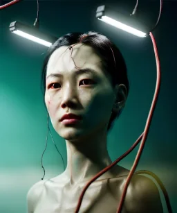 Ultra realistic photographic night portrait, cinematic, <Asian woman> <hanging wires> <retro monitor> many wires coming out of the head <perfect pupil> <cyborg arm> <garage> <wide angle Shot> <sci-fi futuristic> <thriller>, neon lights, color fog, soft color, highly detailed, unreal engine 5, ray tracing, RTX, lumen lighting, ultra detail, volumetric lighting, high definition.