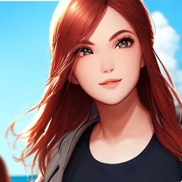 redhead woman, casual clotting, realistic, HD4k, watery cloud background, close up shot,