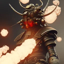 close-up of a insect with samurai armor breathing out smoke in a low-light japanese city street with laterns, realistic, steampunk, 3d-art, futuristic, minimal design, unreal engine