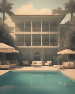 Ecco un prompt che puoi utilizzare per generare un'immagine con l'atmosfera richiesta: --- "Create a vintage-style pool party scene with a macabre twist. The setting should evoke an old-school aesthetic with muted colors and retro elements. The pool area should be empty of people but filled with eerie details: cobwebs hanging from the poolside furniture, an old, weathered pool float partially deflated in the water, and shadows that suggest something unsettling lurking just out of view. The ove