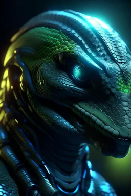 portrait of a lizard with cybernetic enhancements, wearing a futuristic neural interface helmet, glowing LED implants on face, cyberpunk aesthetics, highly detailed, cinematic lighting, soft shadows, emotional expression, realistic textures, 8k, HDR