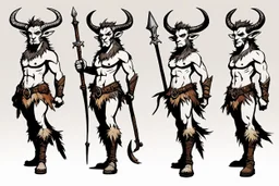 (PDF paper illustration by Ralph Steadman for Mini flat paper Figures to print and cut) three faun-satyr characters: “warrior,” “spell-caster” and “rogue” fantasy adventure archetypes. This is a downloadable set of paper minis that you print out, cut out and glue together yourself.
