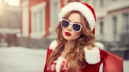 Female Santa Claus. Beautiful sexy girl wearing santa claus clothes and sunglasses