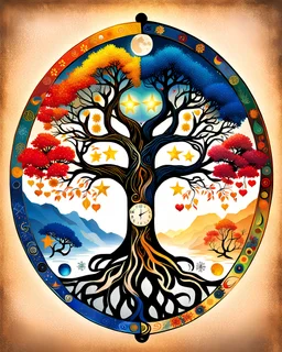The tree of life consists of four seasons: spring, summer, autumn, winter, light, time, darkness, star, moon, sun, yang-ying, water, wind, soil, fire, love, blue, yellow, red, and black.