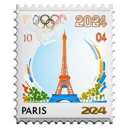 Commemorative stamp of the Olympic Games with the text: "Paris 2024". On pure white background. ultra 8k quality