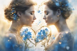 double exposure, merged layers, loving couple, forget-me-nots, heart and love in sunshine, watercolor and black ink outlines, sparkling golden glitter, ethereal, cinematic postprocessing, bokeh, dof