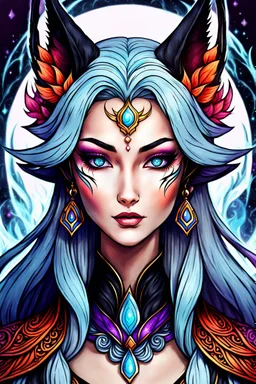 create an ethereal, darkly magical ,Kitsune sorceress with highly detailed and deeply cut facial features, precisely drawn, boldly lined and colored