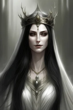 female elf queen, with elvish crown, with long black hair, with grey eyes, with white dress, with melancholic expression
