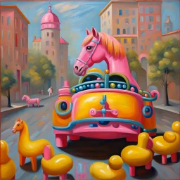 Big pink plastic toy horse.19th painting