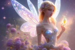 one very little beautiful fairy on a big crystal subtle flower in a galactic ambiance, transparent petals, delicate colors, in the foreground, full of details, smooth, bright sunshine，soft light atmosphere, light effect，vaporwave colorful, concept art, smooth, extremely sharp detail, finely tuned detail, ultra high definition, 8 k, unreal engine 5, ultra sharp focus