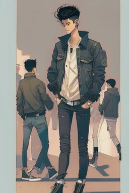 Teen man, black hair,demin jacket, perfect face, style of tomer hanuka, jeans, pompadour. standing, full body