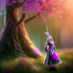 A Halfling woman adventurer with green eyes, sitting against, silver bark tree, pink and purple leaves, Model, glitter, fog