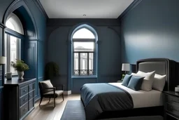 arched ceiling moody blue bedroom in the modern townhouse