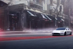 A Tesla 'Model S' is racing at top speed, on the streets of San Francisco. (CINEMATIC, WIDE ANGLE LENS, PHOTO REAL)