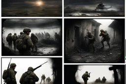 Masterpiece1:5)(Fineart), (award-winning:1.5), highest quality, (ultra realism:1.5) war journalism(,(by Tim Page and Hoorst Faas:1.5))(photorealistic:1.8),(Eastern Ukraine:(panel one:the moment after a battle ends, horrors of war, wounded men),(2nd panel, cinematic shot of men sitting in trench with 1000 yard stare (focus on their eyes:1.5)),(the third panel shows troops tired but hyper alert), (the fourth panel shows the sky is filled with incessant, fire and smoke,)