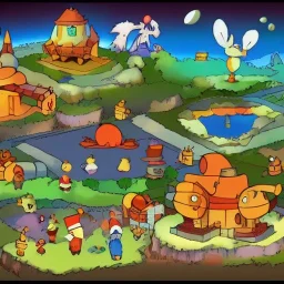 Village in the cosmos in pokemon style and dr seuss style