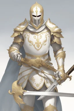 Knight wearing white and gold armor and white cape with white face mask, holding a two handed sword