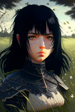 Anime, black hair girl in medieval clothing in large field in the middle of the forest, HD, extreme detail in the face