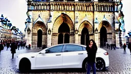 A Tesla's 'Model S Plaid' is doing donuts, at the Notre-Dame Cathedral, in Paris. CINEMATIC. WIDE ANGLE LENS. PHOTO REAL.