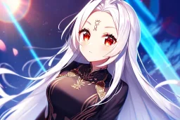 girl, masterpiece, best quality, volumetric lighting, detailed outfit, perfect eyes, long hair, white hair, red eyes, lens flare abuse, open forehead,