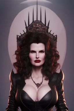 Geena Davis as evil queen in black leather, leather, busty, cleavage, angry, rage, stern look. character design by cory loftis, fenghua zhong, ryohei hase, ismail inceoglu and ruan jia. unreal engine 5, artistic lighting, highly detailed, photorealistic, fantasy