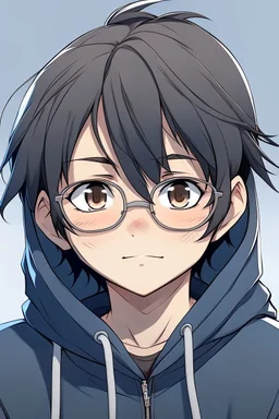 An anime boy with glasses, fluffy black hair, wearing a hoodie