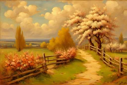 Clouds, spring trees, little pathway, fence, flowers, otto pippel impressionisn painting