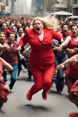 an obese terrified blonde woman in a red pant suit desperately running away from an angry mob of hundreds of people chasing her from behind