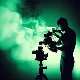 Monster photographer destroing camera in his studio. Smoke. green spot light. Particles in the air., post-apocalyptic, hyperdetailed, long shot, bokeh, studio lighting, low-key lighting, kodachrome