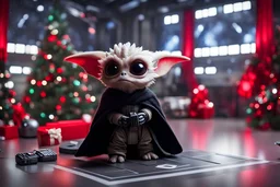 fluffy big eyed baby dragon sith lord in the big hall in second death star and a view to a star wars planet, and christmas tree and sith gifts near a few Tie Fighters, cinematic eye view